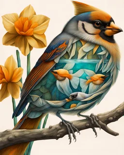 surreal mixed-media illustration of a Blue Jay perched on a textured branch, depicted with a semi-transparent body that reveals an internal aquatic scene.Inside the bird’s torso, Angelfish swim gently in clear water, rendered with scientific-illustration precision and soft painterly textures.The bird’s feathers combine natural realism with subtle graphic stylization, including layered patterns and delicate linework.Surrounding the branch are daffodils and roses, illustrated in a vintage botanica