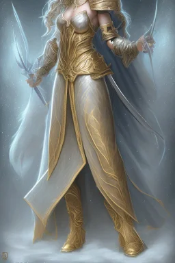 Female elf twilight cleric in a silver robe with blue curly hair and golden eyes