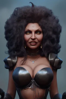 Pam Grier as evil queen in black leather, leather, busty, cleavage, angry, stern look. character design by cory loftis, fenghua zhong, ryohei hase, ismail inceoglu and ruan jia. unreal engine 5, artistic lighting, highly detailed, photorealistic, fantasy