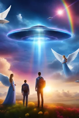 ufo rainbow, , ufos fleet, intergalactic,angels, beaux paysages fleuris