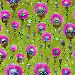 a highly detailed painting of Bull Thistle flowers, seamless pattern, pop surrealism, high resolution, oil on canvas