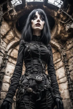 Closeup tall Girl goth with big eyes, ragged clothes, fullbody, dieselpunk, valves, the perspective looking up from the bottom of an empty well , 8k,macro photography,