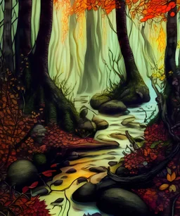 isabel kreitz style, fantasy forest, streamlet, autumn, hyper realistic, realistic shadows, intricate details, extremely accurate, delicate, extremely detailed, Graphic novel style, wide-angle, open aperture