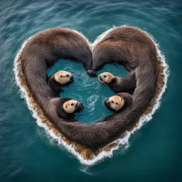 a raft of two sea otters holding hands, being "Better Together" on the river, seen from above in a shape of heart