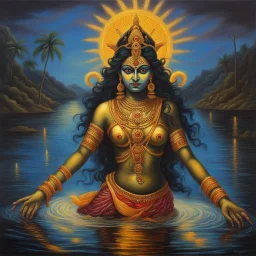 An oil painting of goddess Kali crossing a lake, neon gold colors, high detail eyes,