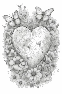 A heart surrounded by flowers and butterflies colouring pages, white background, Sketch style, only use outline, clean line art, white background, no shadows and clear and well delineated.
