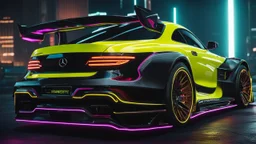 Mercedes W190 Evolution ultimate need for speed tuning Mansory Cyberpunk 2077 neon Style Rear View, Super Detailed, desktop wallpaper, 4K
