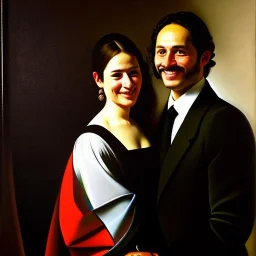 portrait of Jacobo Santiago Mozos born in 1976 and Gemma Arnau Arnau born in 1979,Caravaggio,smiling, oil on canvas, cinematic composition, extreme detail,8k,fit full head inside picture,