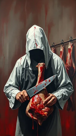 Bosch style painting , A shadow of a spirit inside a bloody butcher wearing a white bloody head cover for butchers , the butcher holding a big knife cutting a meat of hanging cow meat with details on red bloody background of a meat store