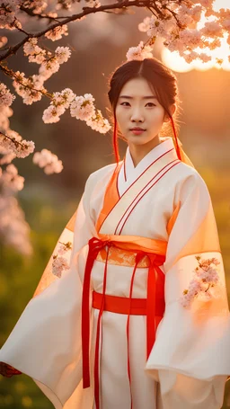 Beautiful Chinese woman, 20 years old, in traditional Hanfu costume, clear facial features, hair flying, blooming orchard on the background, sunset , light, orange hue, f/1.8, 35mm, Canon DSRL Lens, cinematic lightning
