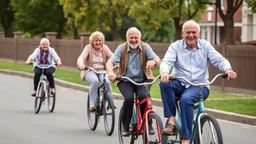 Elderly pensioners riding unicycles. Everyone is happy. Photographic quality and detail, award-winning image, beautiful composition.