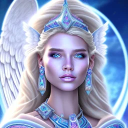 portrait of a beautiful aztecan woman with an angel face smiling,long blond hair, blue eyes, pink and blue dress, jewels, soft light aura