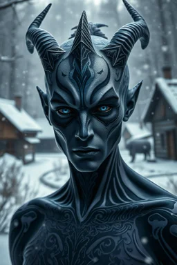 holographic simulation, beautiful xenobiotic alien man demon, scandinavian black tattoo on the body, super detailed face, blue eyes, against the backdrop of old dzherevyanny houses in the winter forest, falling snow in winter, professional photo, 4k, high resolution, high detail, close-up, octane, body art, patterns, lavender color, silver wire, artistic elven fantasy, filigree, dark botany, ultra detail, dark botany, photorealistic image