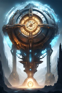 super computer concept art design fantasy concept art, gigantic machine building with diameter of an entire continent. magic super computer machine powered by a giant magic crystal. Giant clock. Time machine