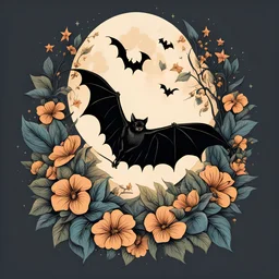 Best quality, masterpiece, ultra high res, detailed, illustration, design, flat vector style, high resolution, illustraTed, shadows and light, aesthetic, modern, ambient lighting, flat colors, vector illustration, bat, moon, leaves, stars, flowers, sailor jerry tattoo, old school tattoo