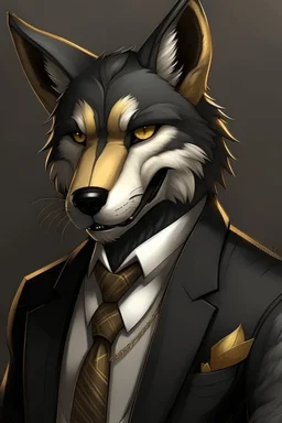 Anthro wolf with black fur and gold eyes wearing a suit