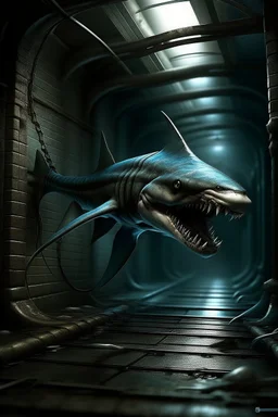 urban humanoid bipedal muscular brutish half-shark thresher shark in a sewer digital art