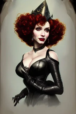 painting of christina hendricks as evil queen in black leather, feminie, angry, volouptous, busty, cleavage, emperious, mature, highly detailed, digital painting, artstation, concept art, smooth, sharp focus, illustration, art by gaston bussiere and alphonse mucha