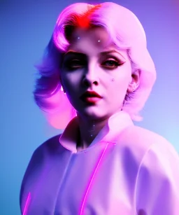 Artist, young madonna, android woman, sweet, blonde, white skin, long eyeliner, contour make-up, color leds lights, short hair, circuits, feather, ghost in the shell, latex coat, feather, cyber punk, neon, bamboo, blood, portrait, studio photo, unreal engine 5, soft color, 16 bit, god lights, ray tracing, RTX, lumen lighting, ultra deatail, volumetric lighting, 3d, finely drawn, hd.