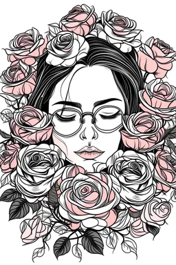 big beautiful bouquet of roses all around her face, her eyes are closed and dreaming peacefully, only her face shows, her face fully covered by the bouquet of roses, use black outline with a white background, clear outline, no shadows, with glasses