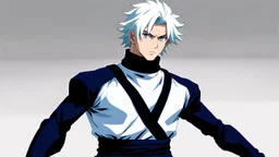 Satoru Gojo is a young guy white hair blue eyes black turtleneck without arms white loose pants in a defensive pose