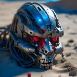 half destroyed robot head lying on sand in daylight, silver face parts, rgb lights rugged face, strings and metal pieces sticking, blue and red eyes bright glow lights, inner machinery look, oil leak, cinematic macro shot,