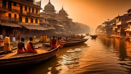 This image depicts a bustling scene along the ghats of the Ganges River in Varanasi, India. The light of dawn or dusk casts a warm golden hue on the historic architecture, characterized by ancient stone buildings and colorful facades. The atmosphere is filled with smoke, likely from nearby ceremonial fires, which contribute to a mystical and spiritual mood. The traditional attire worn by the people includes saris, shawls, and turbans, with most dressed in white and earthy tones, indicating parti