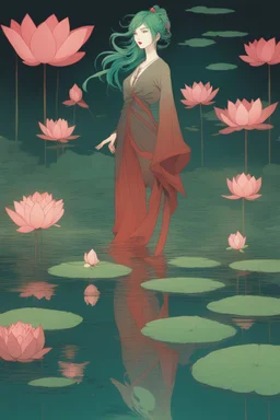 A green-haired woman standing in a pond, with lotus flowers floating on the water, night time, reflection, loose strokes, dynamic lighting, digital art, art by james jean, takato yamamoto, 4k, concept art, illustrative, high contrast