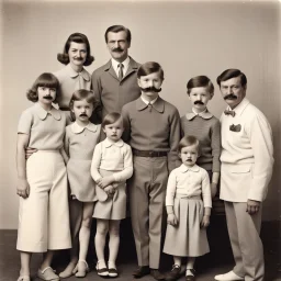 awkward family photo, all wearing the same type of clothes, 1960s, big mustaches