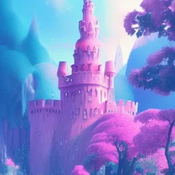 a pink castle, magical crystal pink castel, vertical light, pink and blue wisteria , pink vertical, blue lake,sharp, background vertical blue gradient vertical, elegant, highly detailed, artstation, concept art, smooth, sharp focus, illustration, 8k, splash art, wallpaper, key visual