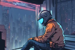 a man with a complex helmet large visor connected to wires, cyberpunk, tshirt and jean pants, window at the city, fog, hovering cars, comic book art style, night time,