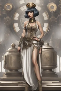 full body and headshot of a skinny Cleopatra, with a silver bob hairstyle, standing in a steampunk setting.