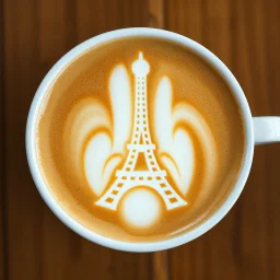 close up top-down view of a latte with a white Eiffel tower formed in the milky foam, professional photography, looks like an advertising campaign photo, delicious