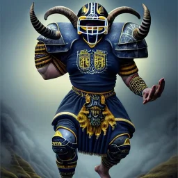 a Big-horn Ram warrior in navy blue and yellow battle armor, a highly detailed illustration, background of Inka jungle, American football in hand, realistic render, 8 k, micro detail, intricate, elegant, centered, digital painting, Artstation, smooth, sharp focus, illustration, artgerm, tomasz alen kopera, peter mohrbacher, donato giancola, joseph christian leyendecker, wlop, boris vallejo