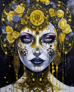 Aquarelle ar yellowt Acrylic pouring white liquid art Beautiful vantablack voudore shamanism decadent geometria watercolour art young faced woman portrait adorned wirh biomechanical bioluminescense vantablack and dark violet and white glitter cover rose headdress and metallic golden filigree floral. Embossed costume armour organic bio spinal ribbed detail. Of rainy gothica background extremely detailed hyperrealistic aquarelle art maximálist concept art
