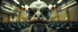 airbrush and pen outline, french art mustache , extreme close up on cheeky fluffy weasel goblin alien military prison guard news anchor elf family scumbag in the style of Escher and Giger and Fallout 4, pinhole cam, airbrush 3d rendering, on tv screen:A five-second cinematic single take in a clean industrial presentation hall.