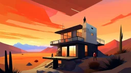 A digital artwork showcases a modern, minimalist house situated on a rocky, arid landscape, under a sky painted with the warm hues of sunset. The house, composed of several geometric blocks, features a light-colored facade with dark-framed windows and a prominent vertical extension. A lone figure, a 25 year old Hispanic woman with dark hair, is seen walking towards the house, wearing a red shirt and dark pants. The ground is a textured mix of browns and tans, suggesting a desert or rocky terrain