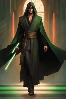 Full Body, Male Tan Human, Sith, Blindfold, Green and Black Robes, Handsome face, Black hair.