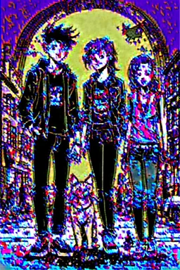 Three teenage street children, two boys and one punk girl, in book-cover poses on the street of a small town plus a black cat as a companion, graphic style, street art style, pop art style, highly detailed