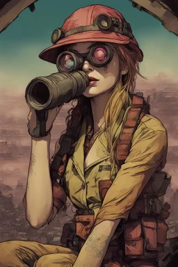 [Techno-Industrial ambiance] Scanning the misty panorama through her binoculars, Jess spied a flash of impossible color emerging in the distance. As the haze parted, a lone figure came into focus amidst the mutant sprawl, instantly drawing the eye across the hellish tapestry. Even from this removed vantage, the riotous tones of Tank Girl's patchwork garb made her stand out like a technicolor beacon. Pink and teal locks streamed behind her as she guided her vehicle deftly through the alien terrai