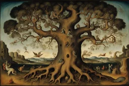 gnarled and twisted tree of life with faces and bodies in the trunk, deep colour, Hieronymus Bosch