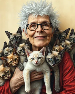 A old lady punk rocker with spiky silver hair, with her dozens of Oriental shorthair Siamese cats. By Vanja Vukelic, Benjamin Lacombe, Victor Brauner, Eileen Agar, Alex Grey, Michael Cheval and Naoto Hattori. Modifiers: sharp focus extremely detailed fantasy intricate very attractive award winning fantastic view hdr very cute pencil sketch science fiction complex insanely detailed whimsical fantastical art magical surrealism