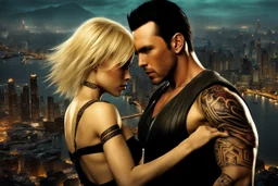 Jason David Frank short dark hair with tribal tattoos hugging pretty blonde shorthaired girl, photo realistic, dark fantasy, cityscape