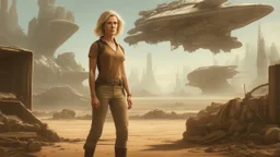 A 60-year-old woman with blond hair, a brown shirt, shorts, and boots, holding an armful of complex equipment, standing in front of a grounded cargo spaceship, with a ruined city in the background.