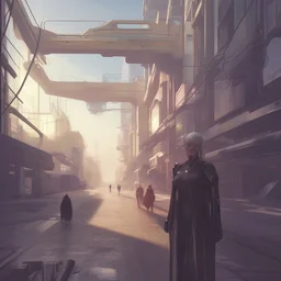 cyberpunk saggy granny woman, abandoned sci-fi town, future, sci-fi