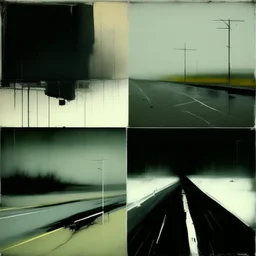 Minimal abstract oil paintings of a desolate concrete 1960s carpark. Road with distant Blurry lights. On the floor are concrete fragments and road markings . In the dark mysterious style of Justin Mortimer and Francis Bacon.