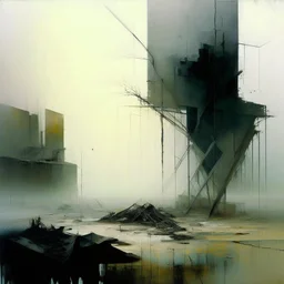 Contemporary abstract painting of Lebbeus Woods wasteland techno decaying landscape. Hazy foggy sky. Concrete ground. Exposed twisted concrete. Style Justin Mortimer and JMW Turner.