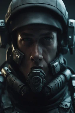 portrait of detailed futuristic dystopian soldier, cinematic shot on canon 5d ultra realistic Darek Zabrocki, Neil Blevins, Cedric Peyravernay, sci-fi atmosphere