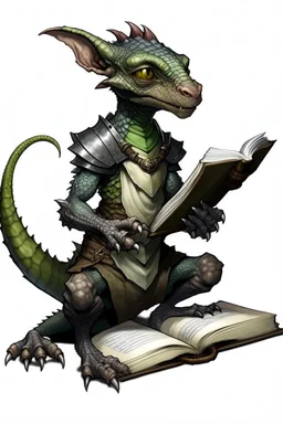 kobold from dungeons and dragons, grey diamond - shaped scales, big magic book