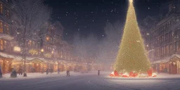 big city in christmas night, snow flakes, many three, Christmas decoration, Christmas light, high contrast, ultra quality, 8k, ultra detailed, 3d, render, lumion